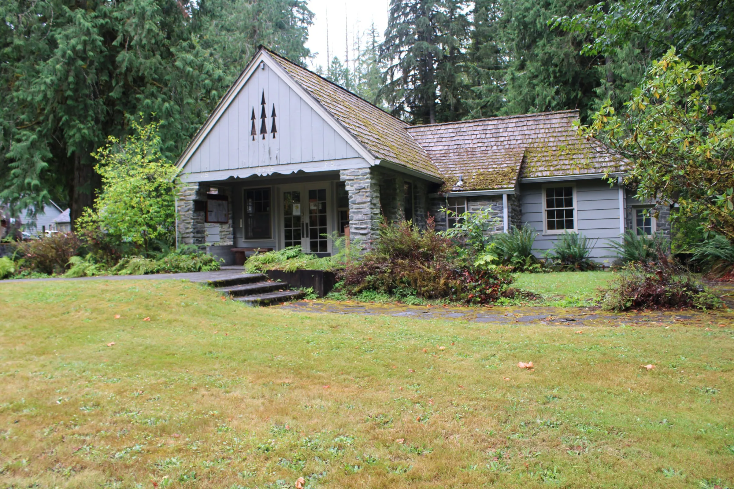 The historic stone Glacier Public Service Center on the Mt. Baker Highway in Glacier, Washington