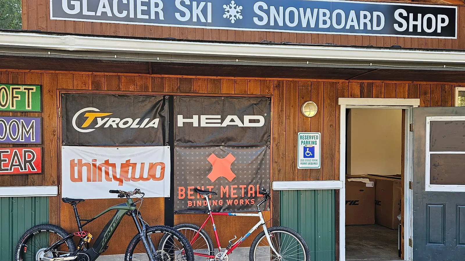 Glacier Ski and Snowboard Shop storefront with rental and boot-loft signage