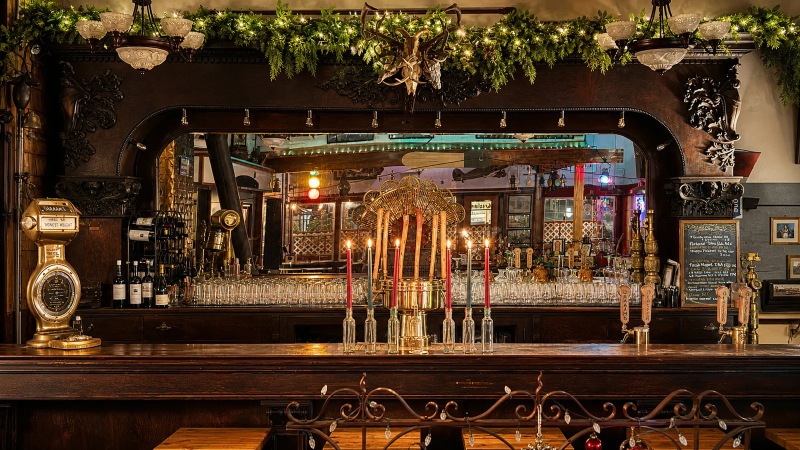 The ornate historic bar inside Graham’s Store in Glacier