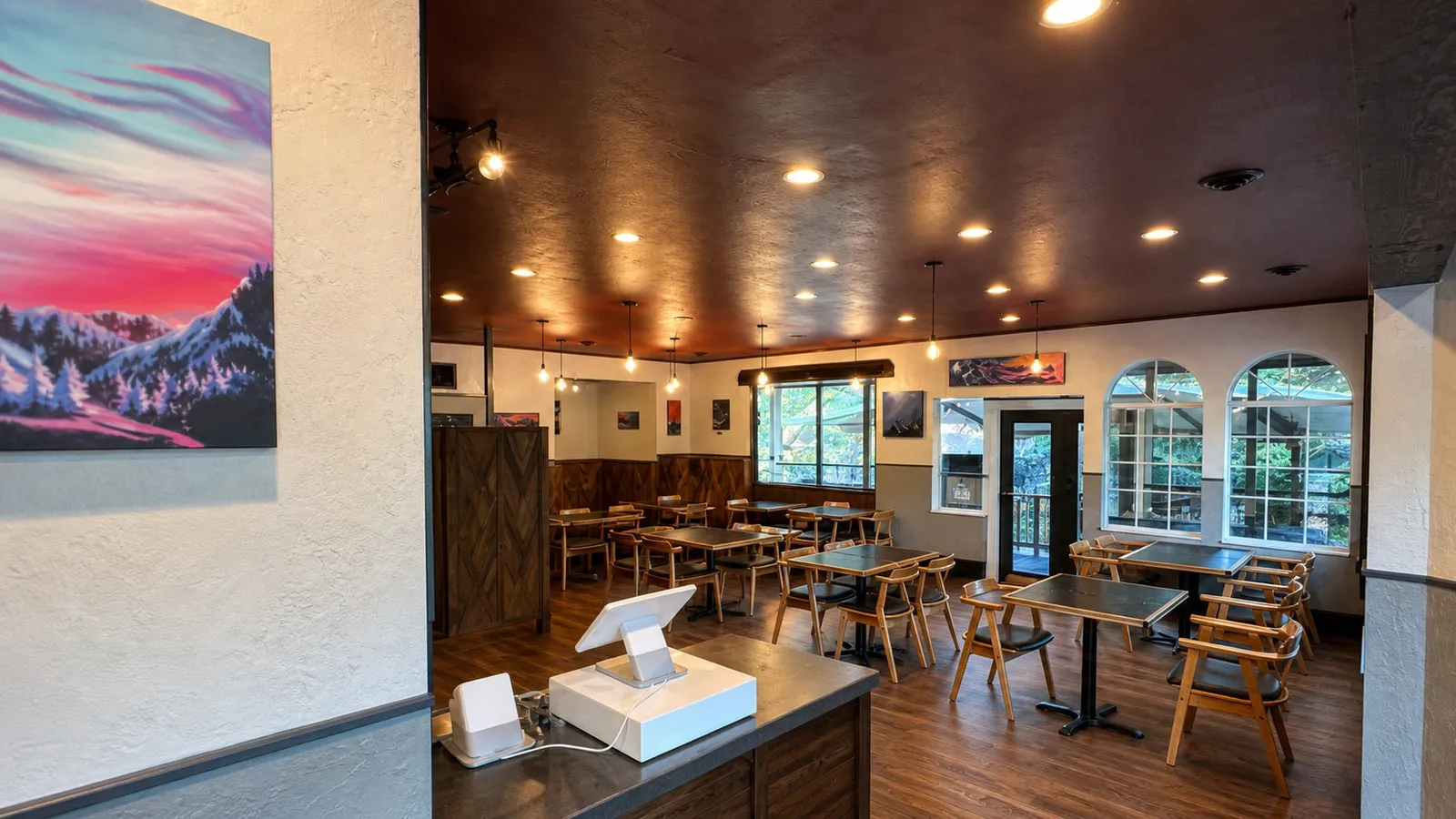 The dining room and front counter inside Gunners Tex Mex BBQ in Glacier