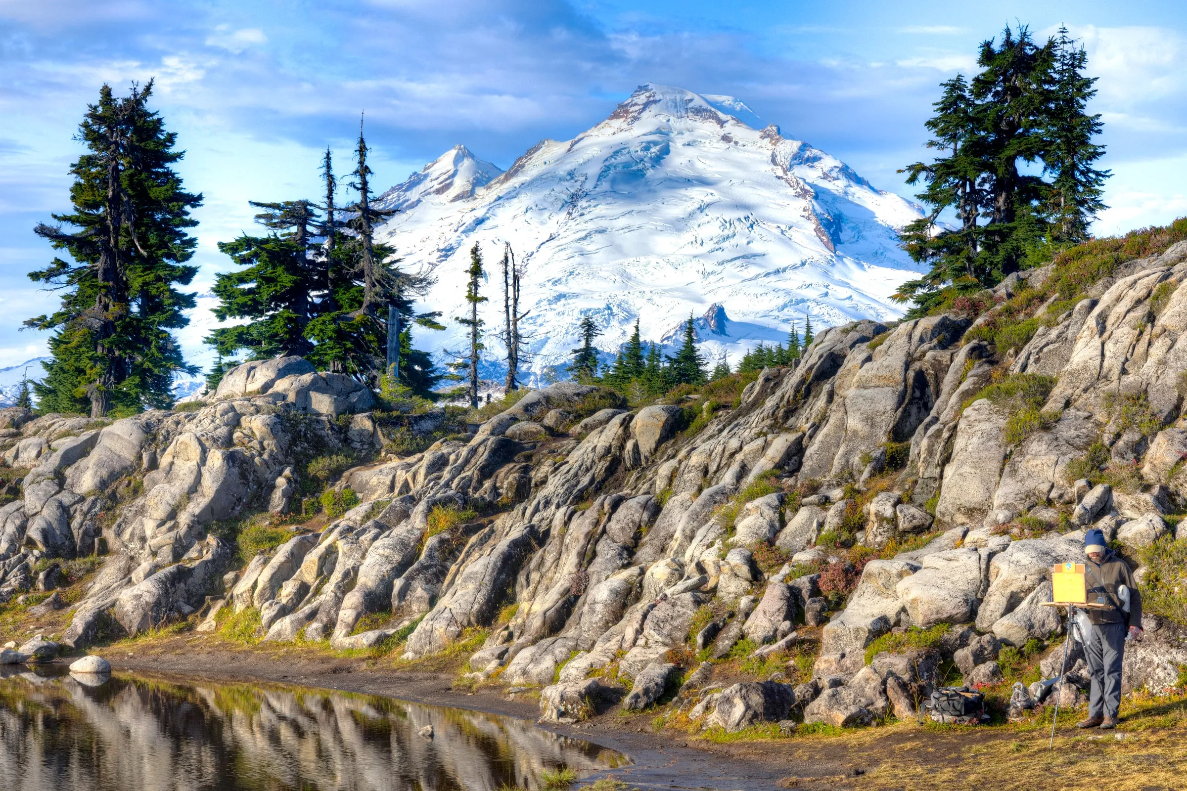 A shallow tarn in the Heather Meadows basin reflecting trees, with Mount Baker rising behind