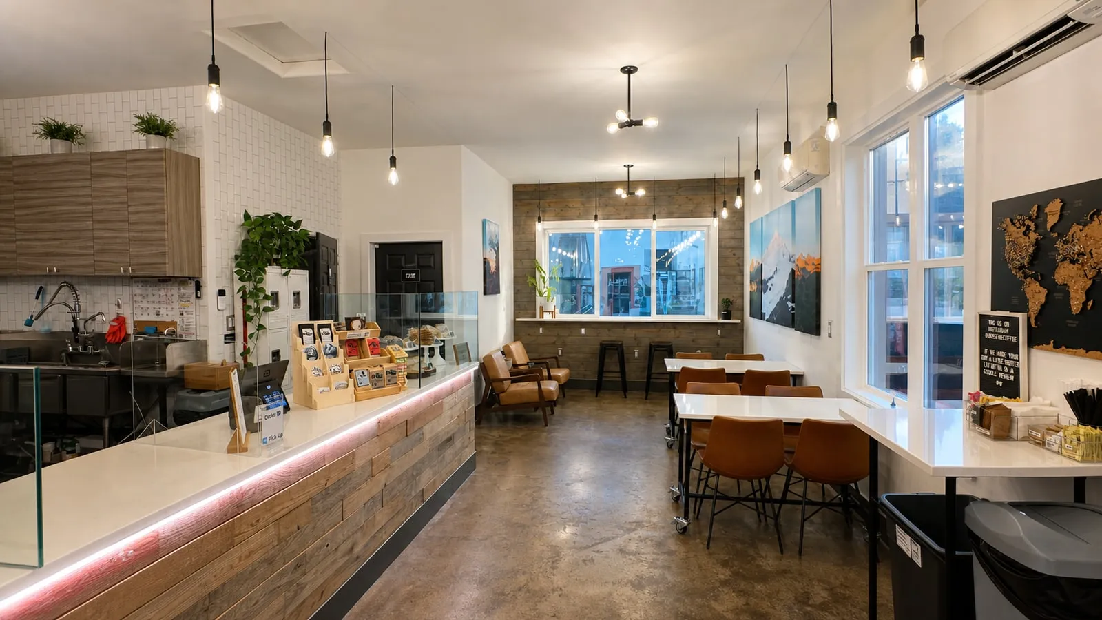 The bright counter and seating area inside Joe’s Fine Coffee in Maple Falls