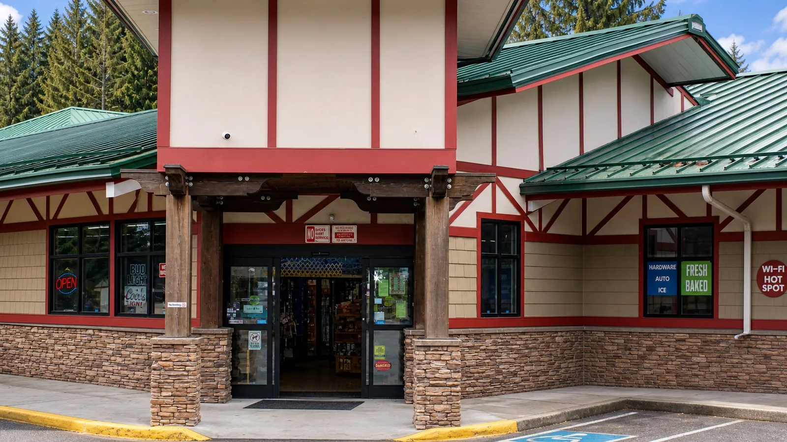 The covered storefront entrance at the Maple Fuels complex in Maple Falls