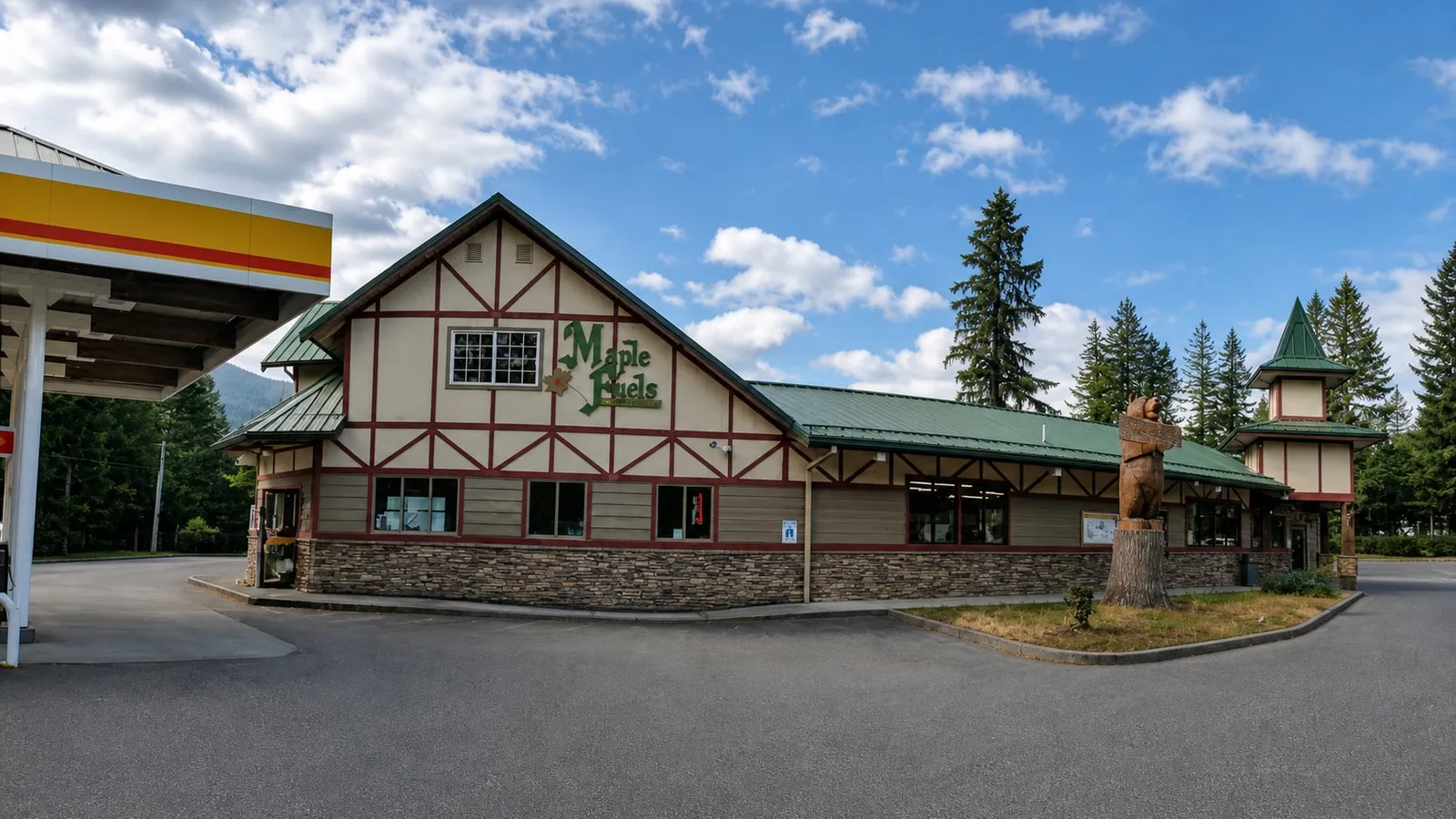 The Maple Fuels building, fuel canopy and roadside sign at the Maple Falls crossroads