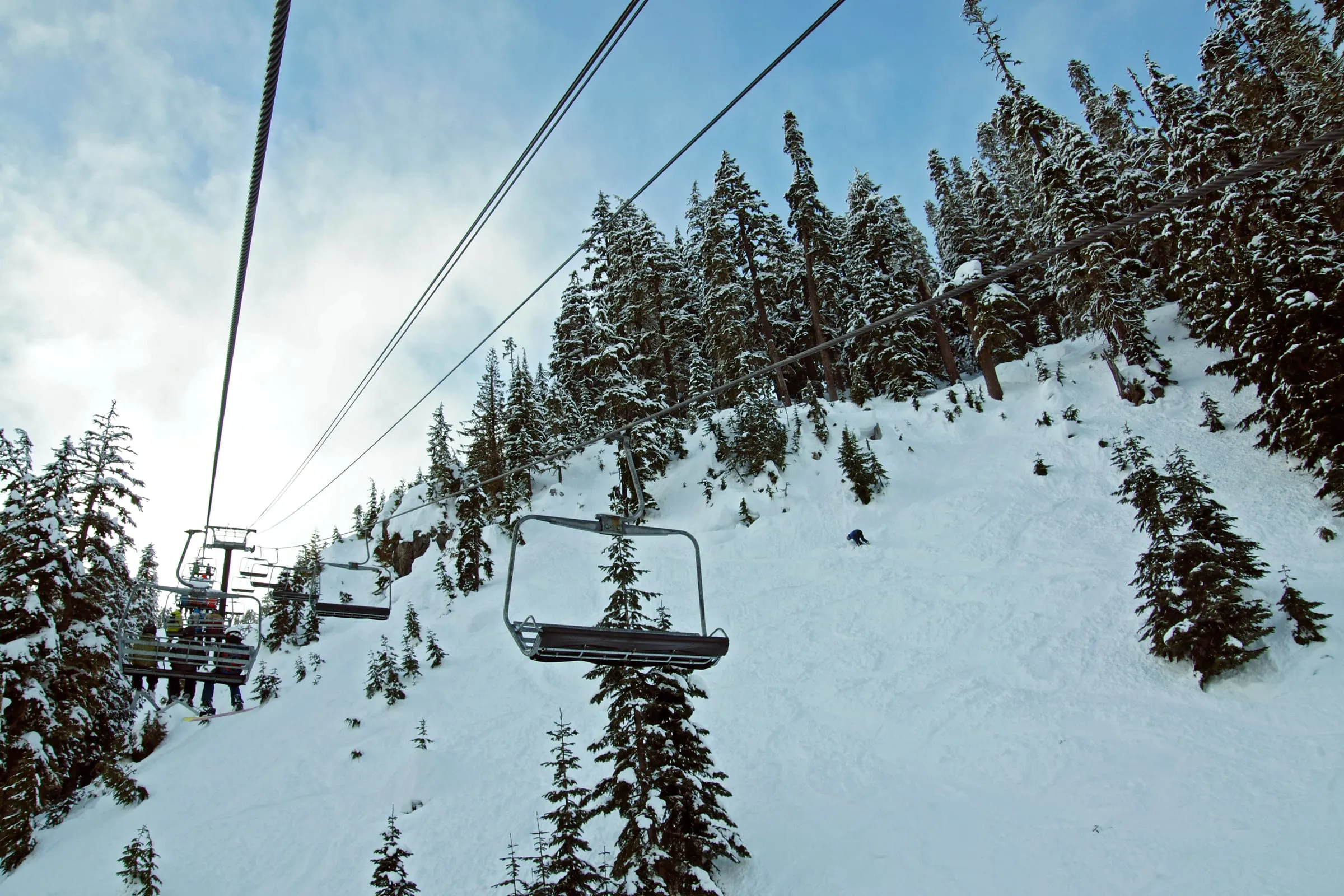 A chairlift carrying a small group up a snowy, tree-lined slope at Mt. Baker Ski Area
