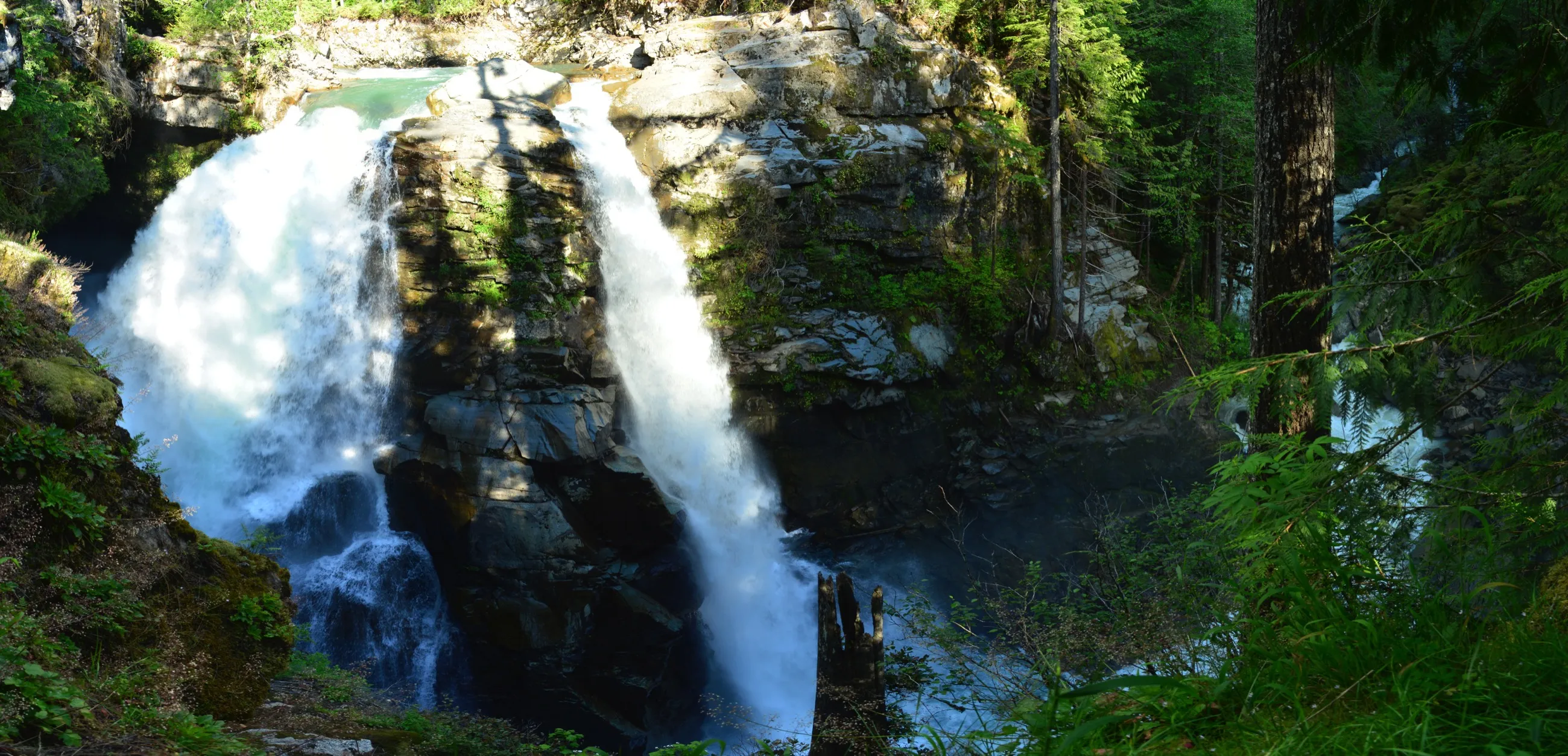 Nooksack Falls pouring over dark rock walls beside the Mt. Baker Highway