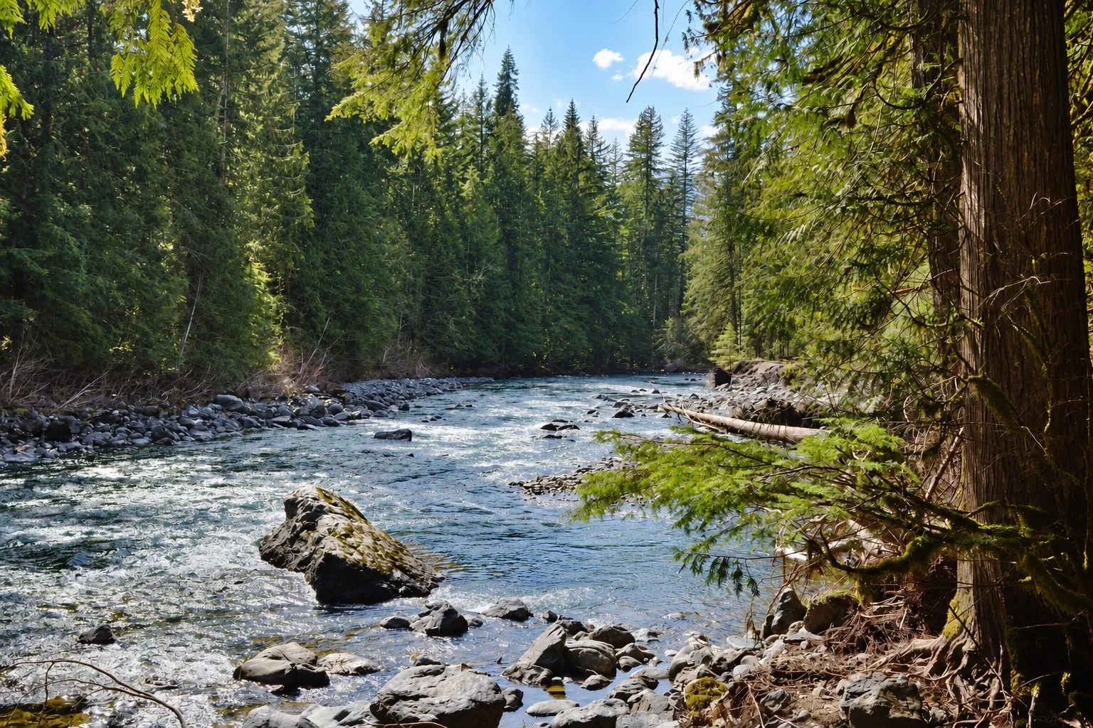 North Fork Nooksack River between evergreen banks near Douglas Fir Campground outside Glacier