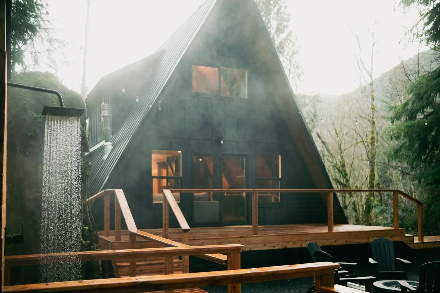 Outdoor shower on the deck of the A-frame cabin