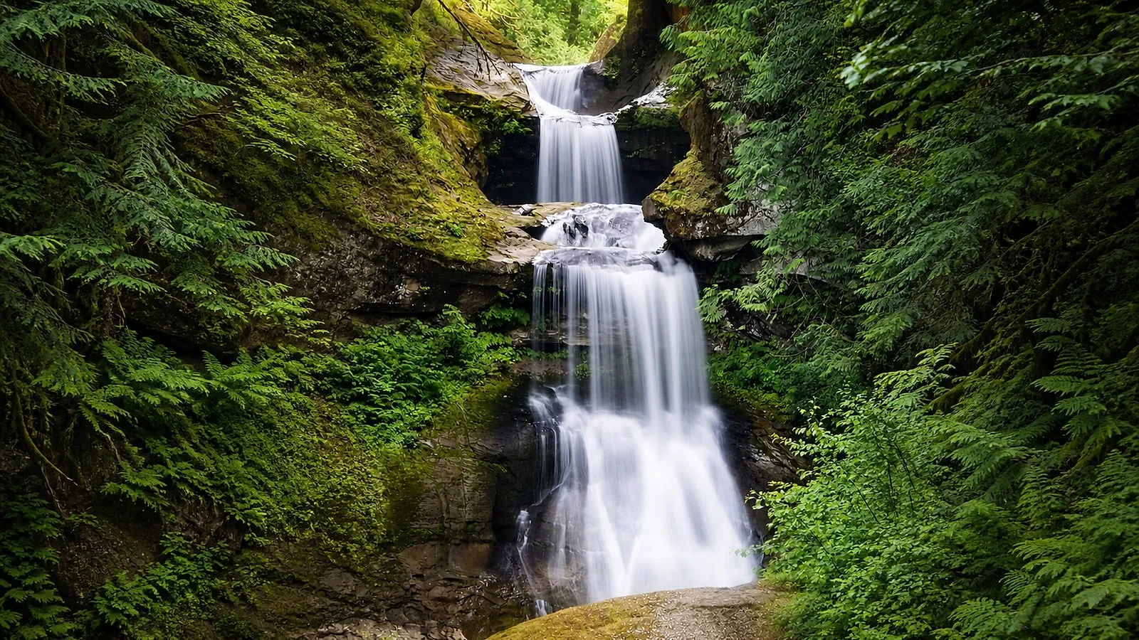 The three green-walled tiers of Racehorse Falls near Deming, Washington